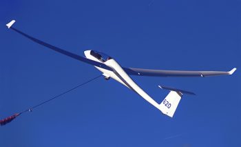 Schempp Hirth Ventus 2b glider being launched at Lasham Airfield in UK